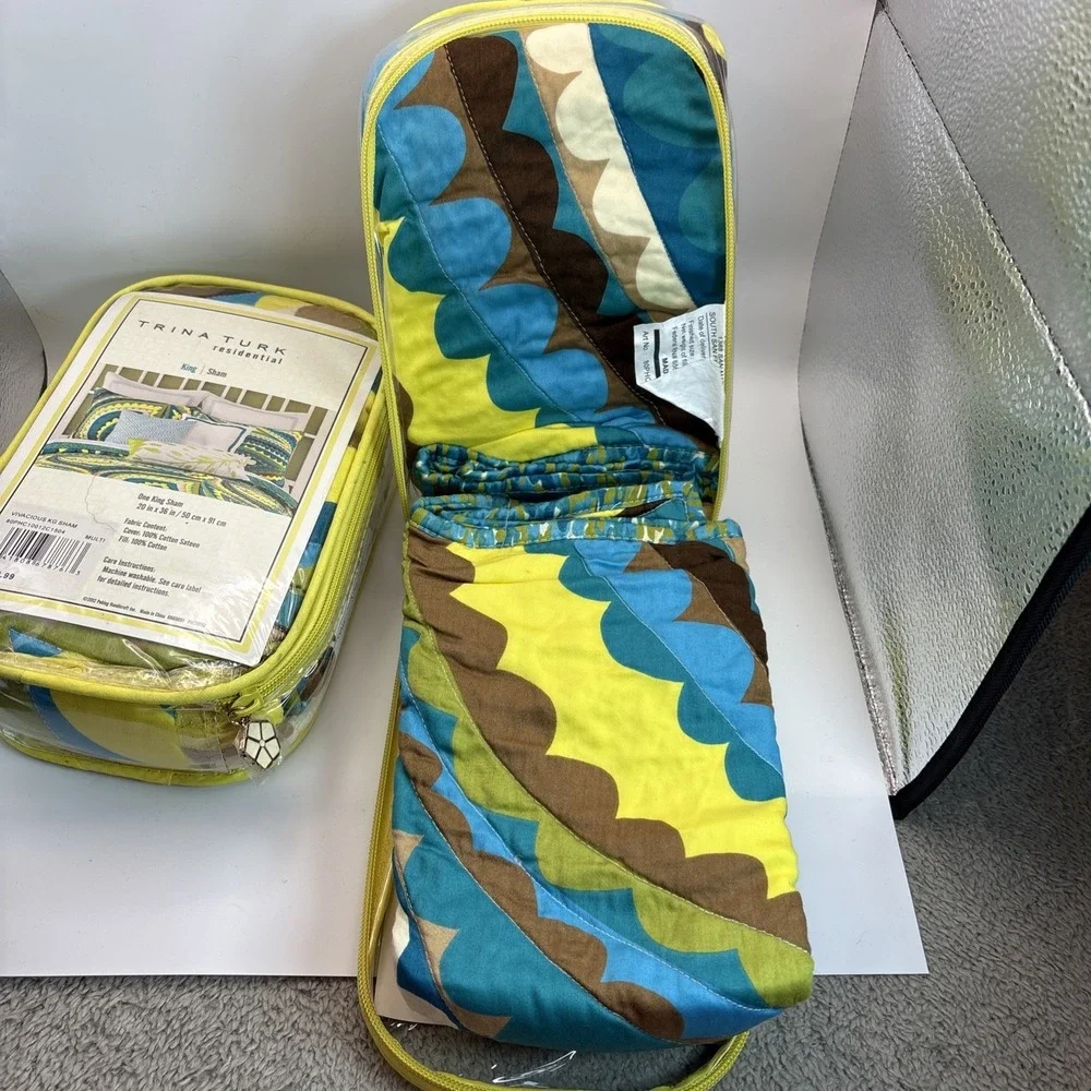 Lot 2  Turk Pillow Vivacious King Sham Cotton Quilted Blue Green NIP‎